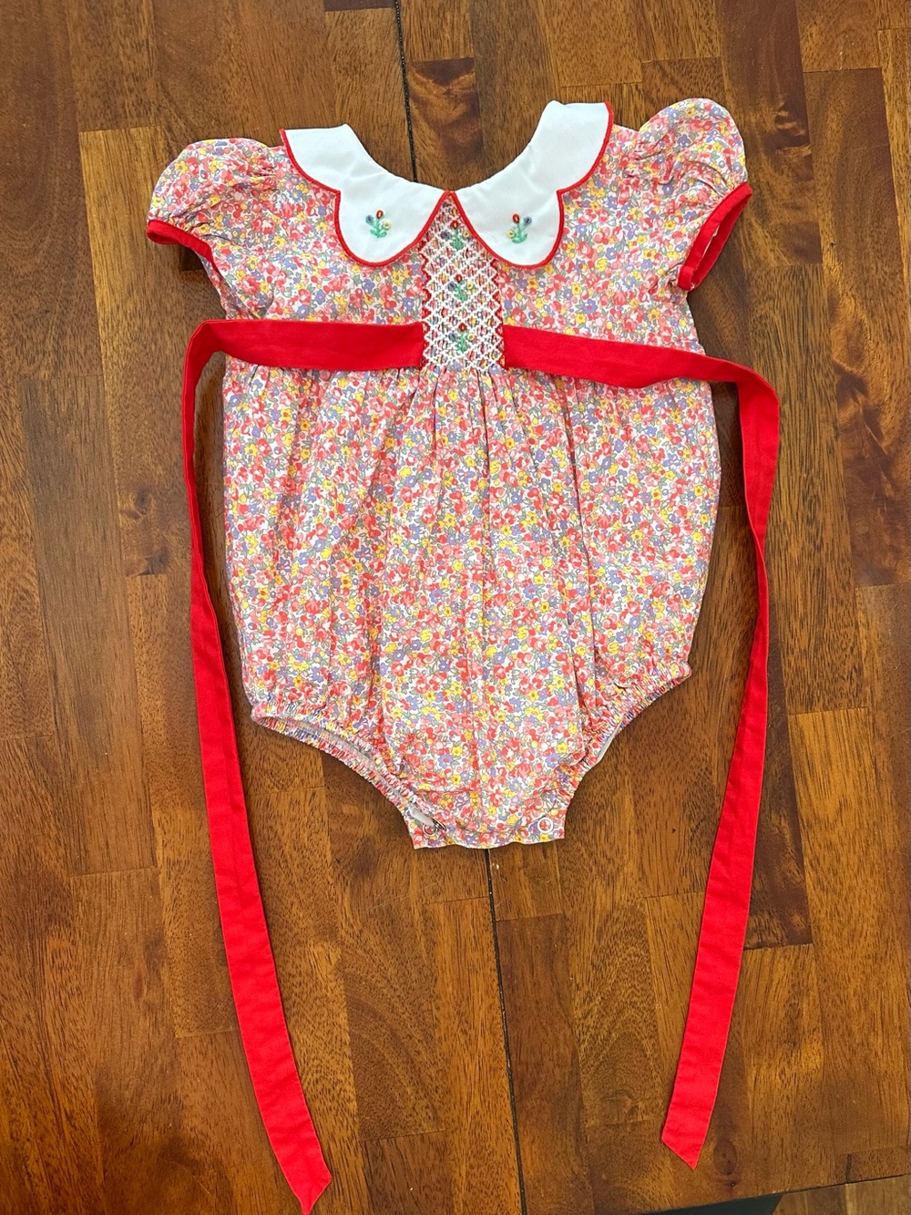 Red Floral Smocked Baby One-Piece with Embroidered Collar